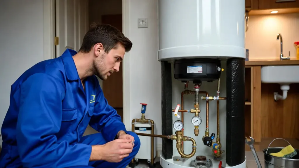 Plumber inspecting and repairing a water heater in a UK home.