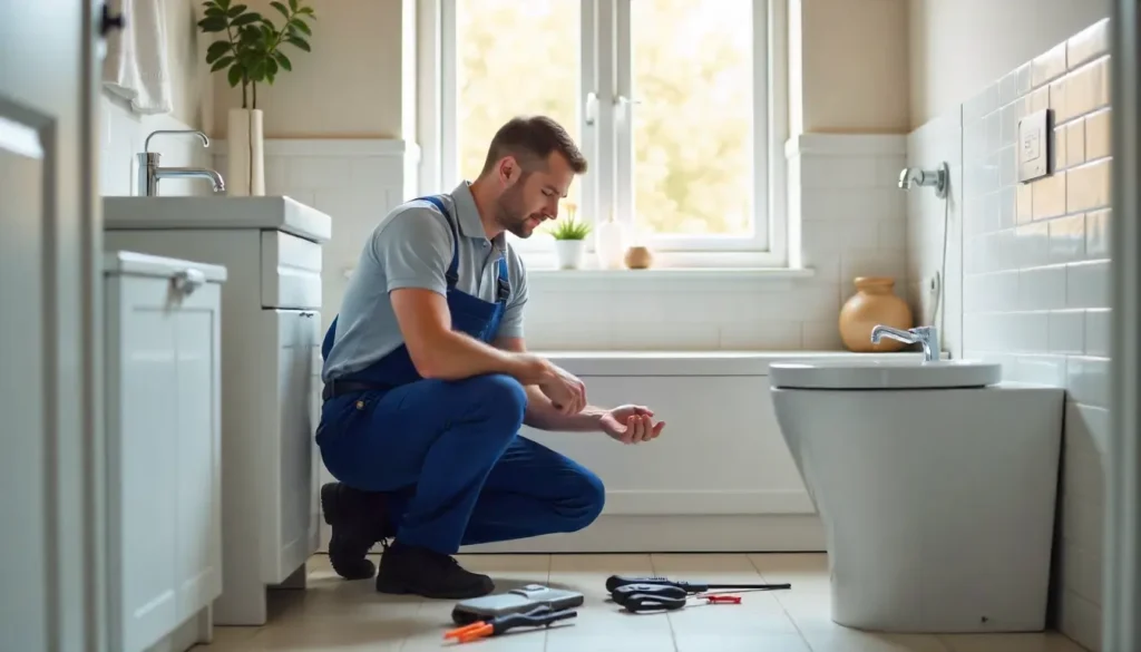 Plumber inspecting a water heater in a modern home bathroom