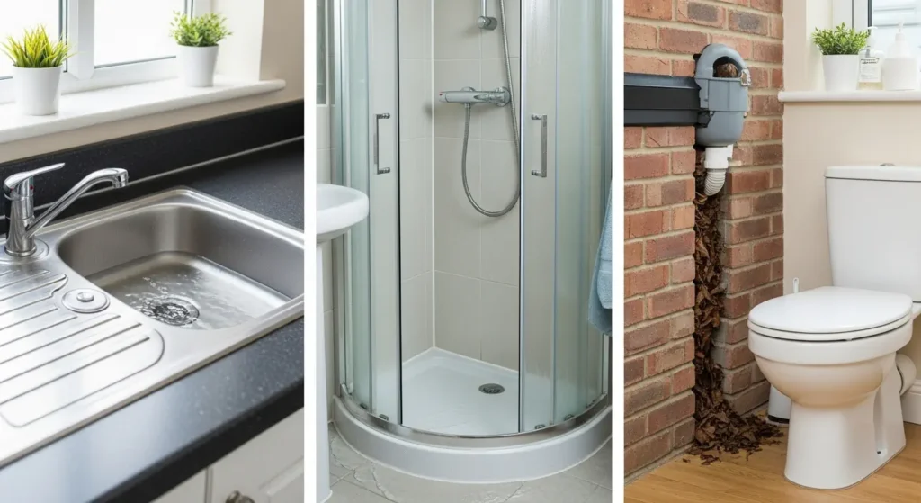 Examples of blocked drains in kitchen, bathroom, toilet, and outdoor areas