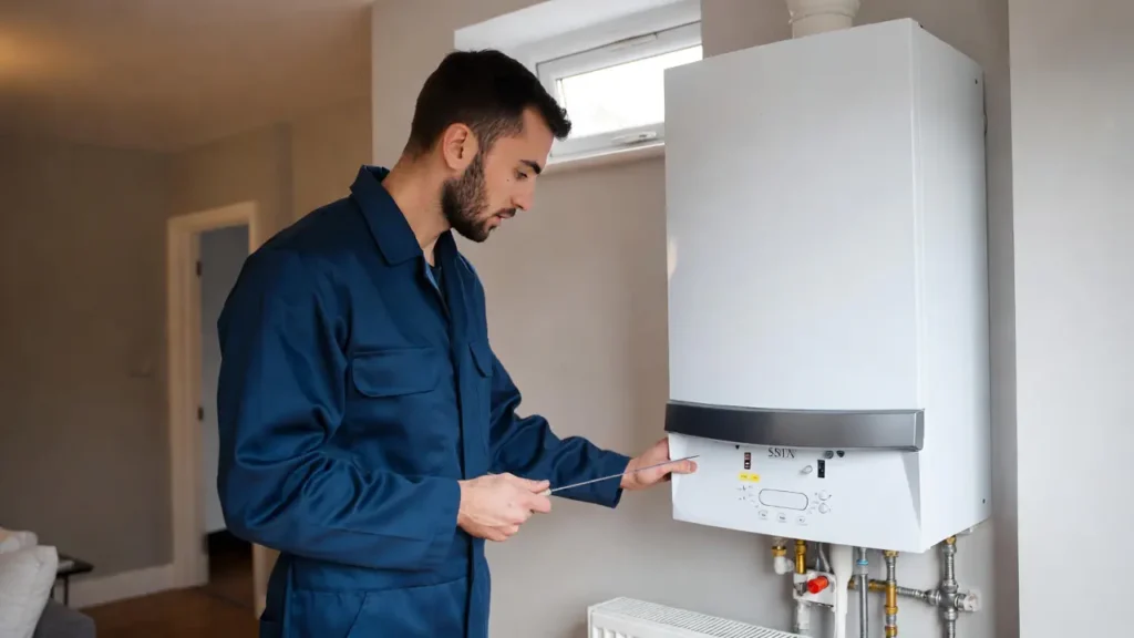Local boiler repair expert checking a heating system