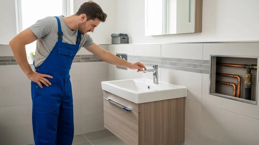 Homeowner checking low water pressure from bathroom tap