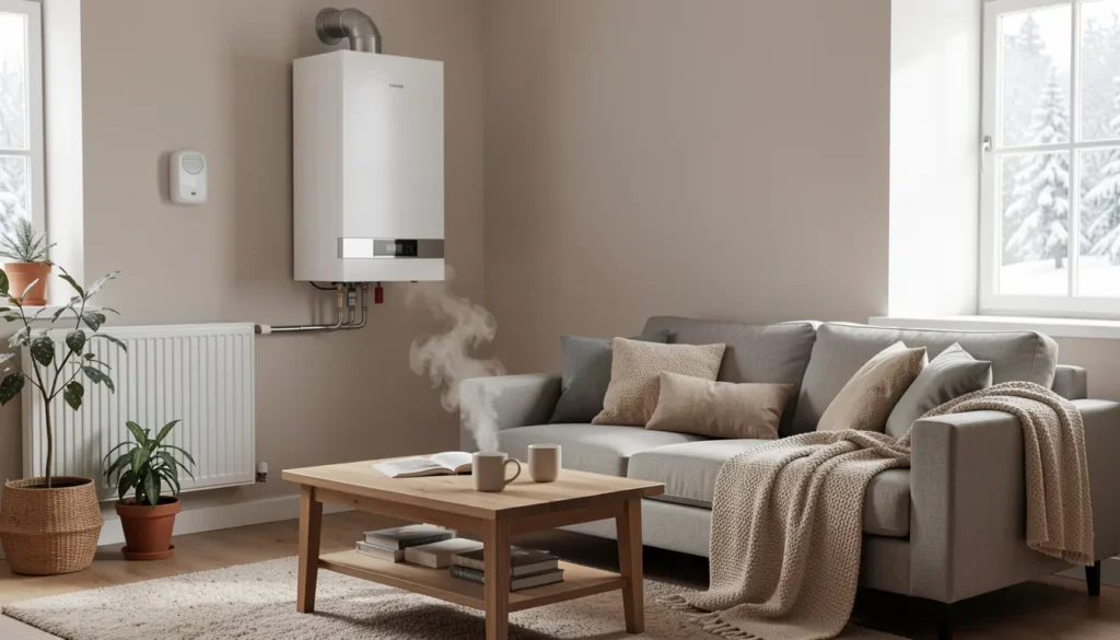 Winter home gas safety with boiler, radiator, and carbon monoxide detector