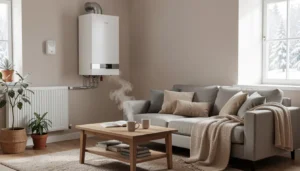 Winter home gas safety with boiler, radiator, and carbon monoxide detector