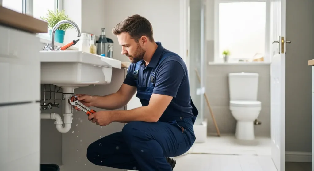 Plumber fixing leaking pipe under sink in a Stoke-on-Trent home