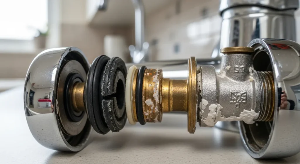 Disassembled tap showing washer, O-ring, valve seat, and mineral deposits causing drips