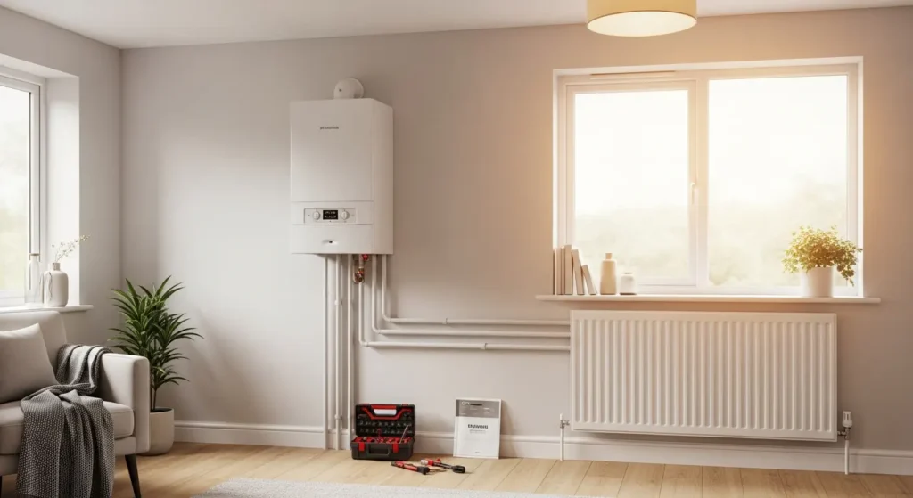 Modern UK home with gas boiler and radiators, ready for maintenance or repair