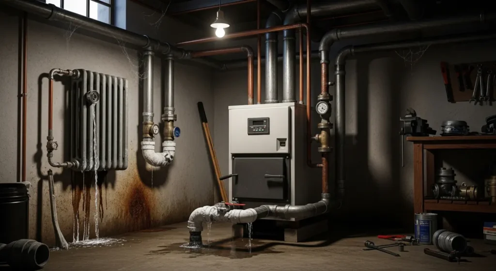 Leaking boiler pipes and cold radiators showing common boiler plumbing issues