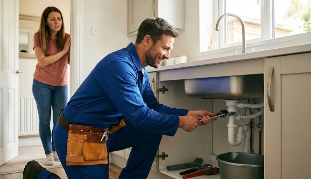 Professional plumber fixing a leaking pipe in a modern kitchen