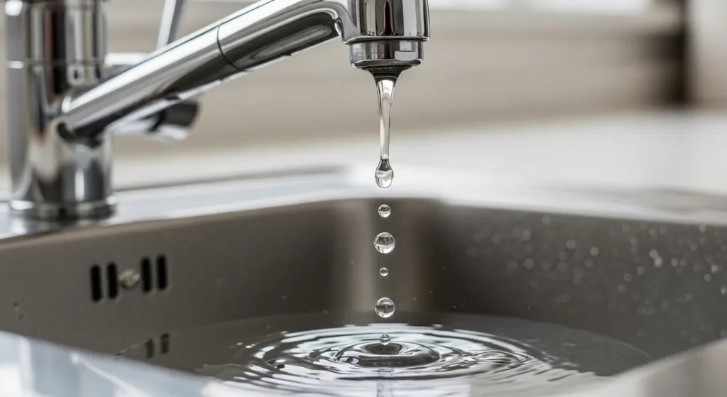Dripping kitchen tap wasting water in modern UK home
