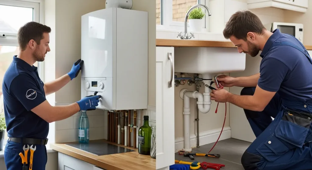 Gas engineer checking boiler and plumber fixing pipe in a Stoke-on-Trent home