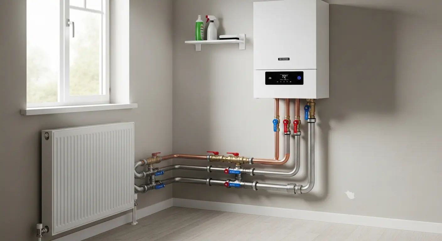 Modern residential boiler with pipes and radiators in a clean home interior