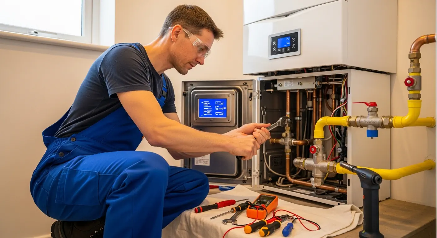 Boiler engineer repairing a modern boiler in a Stoke-On-Trent home
