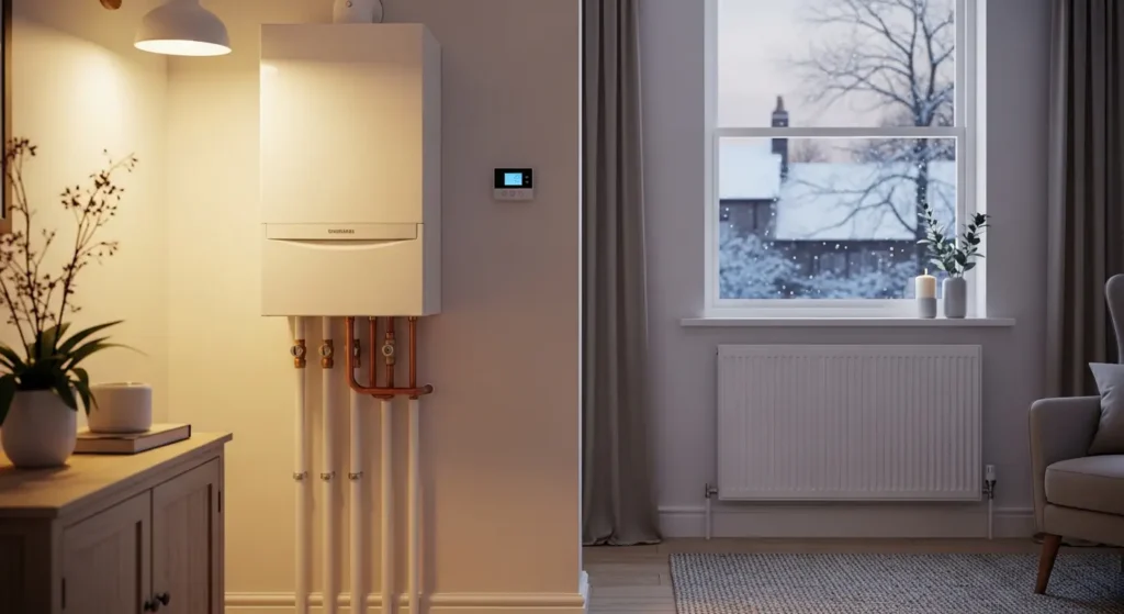 Modern boiler heating a cosy UK home in winter with radiators and pipes visible