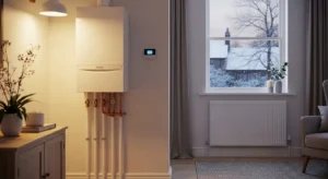 Modern boiler heating a cosy UK home in winter with radiators and pipes visible
