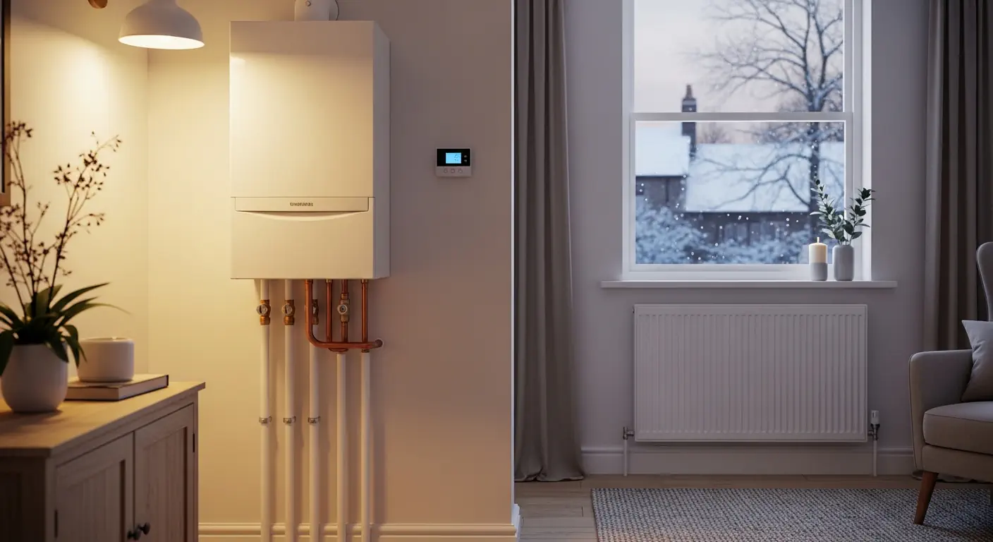Modern boiler heating a cosy UK home in winter with radiators and pipes visible