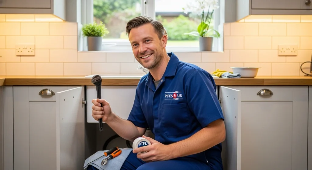 Reliable plumber fixing sink in a UK home, professional and friendly service