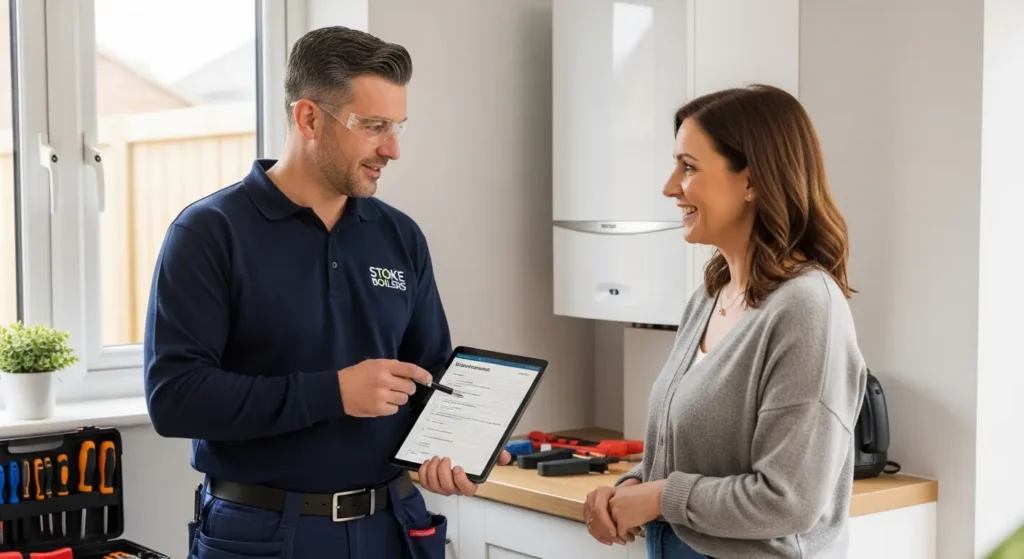 Engineer consulting homeowner with boiler quote in Stoke-On-Trent home