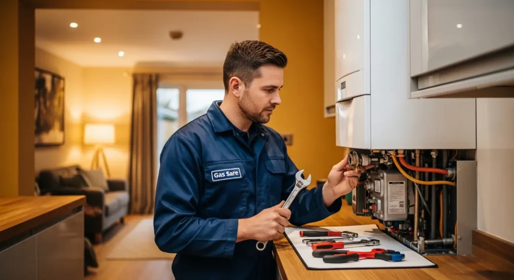 Homeowner comparing boiler repair quotes with a professional engineer indoors