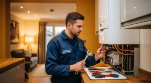 Homeowner comparing boiler repair quotes with a professional engineer indoors