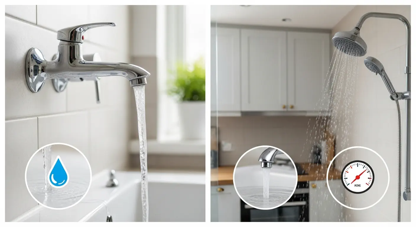 Low water pressure in a UK home showing slow tap flow and weak shower stream