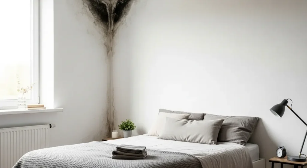 Black mould growing on bedroom wall near ceiling corner due to hidden moisture