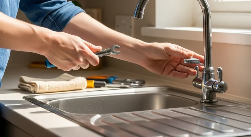 Homeowner inspecting a kitchen tap to prevent future drips