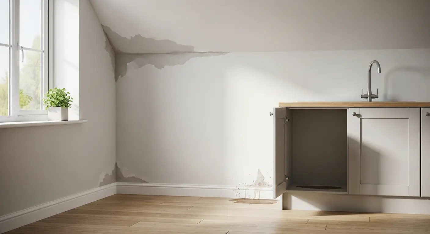 Hidden water leak signs with damp ceiling stain and peeling wall paint in home