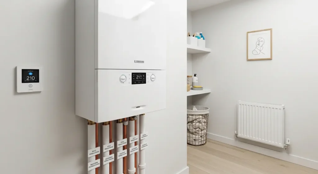 Wall-mounted combi boiler in a small UK flat showing compact and efficient setup