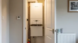 compact combi boiler installed in a small UK flat with pipes and radiator visible