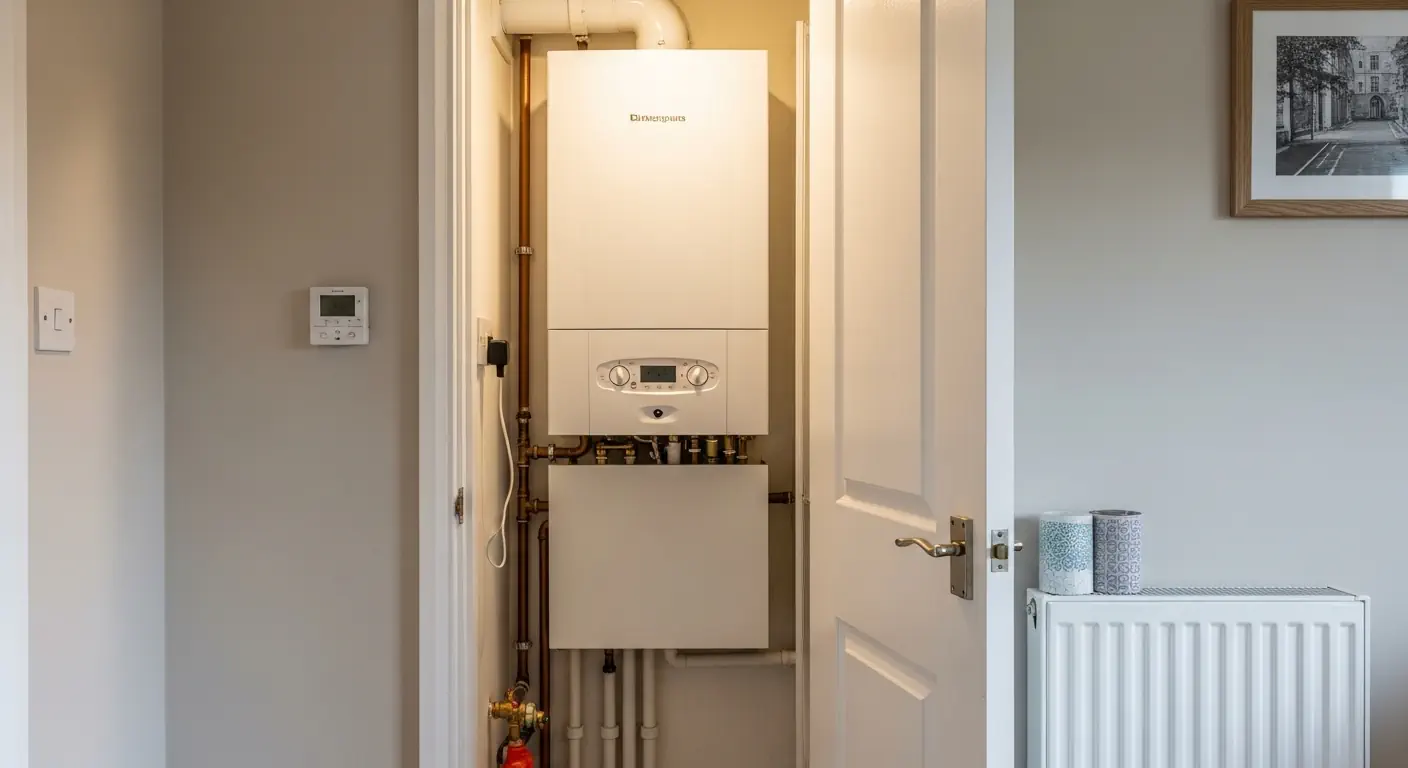 compact combi boiler installed in a small UK flat with pipes and radiator visible