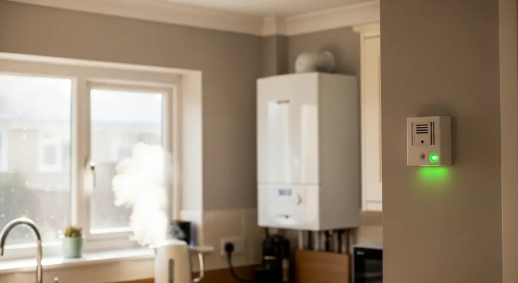 Carbon monoxide alarm near boiler in UK home kitchen