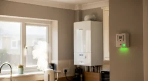 Carbon monoxide alarm near boiler in UK home kitchen