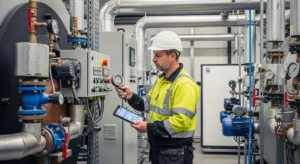 Commercial gas engineer inspecting industrial boiler in Stoke-on-Trent plant room