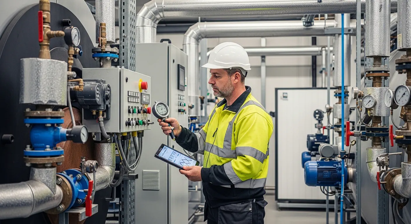 Commercial gas engineer inspecting industrial boiler in Stoke-on-Trent plant room