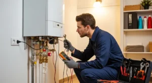 Technician inspecting a home boiler for maintenance and safety