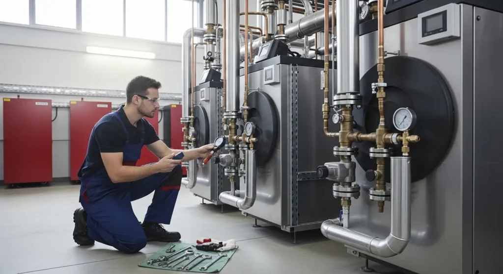 Commercial gas engineer performing routine maintenance on a commercial boiler system