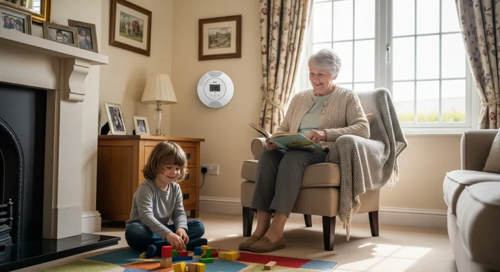 Family at home with child and elderly near carbon monoxide alarm