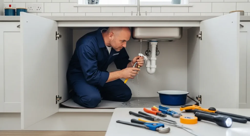 Plumber fixing a leaking pipe in a UK home kitchen