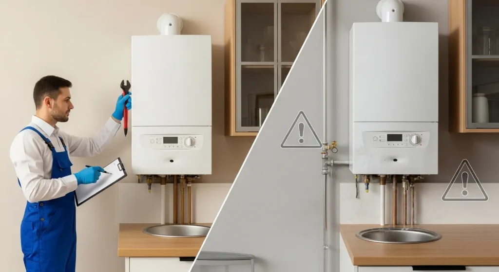 Gas engineer inspecting boiler showing safe vs unsafe gas system condition comparison