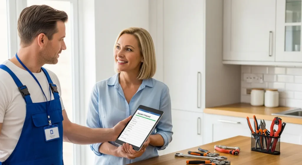 Plumber giving service guarantee to homeowner after repair