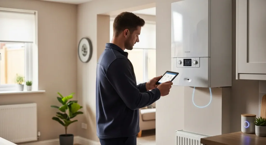 Modern combi boiler installed in a UK home with engineer checking heating system settings