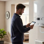 Modern combi boiler installed in a UK home with engineer checking heating system settings
