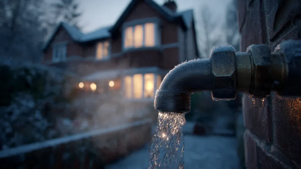 Frozen boiler condensate pipe being safely thawed with warm water in winter UK home