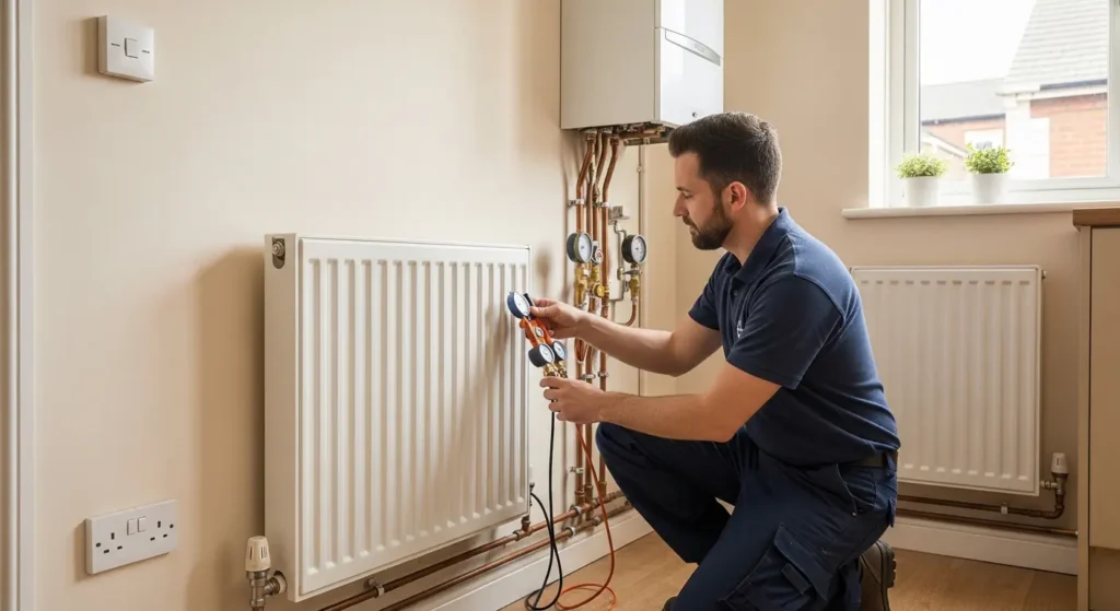 Heating engineer inspecting radiator and combi boiler in a UK home system check