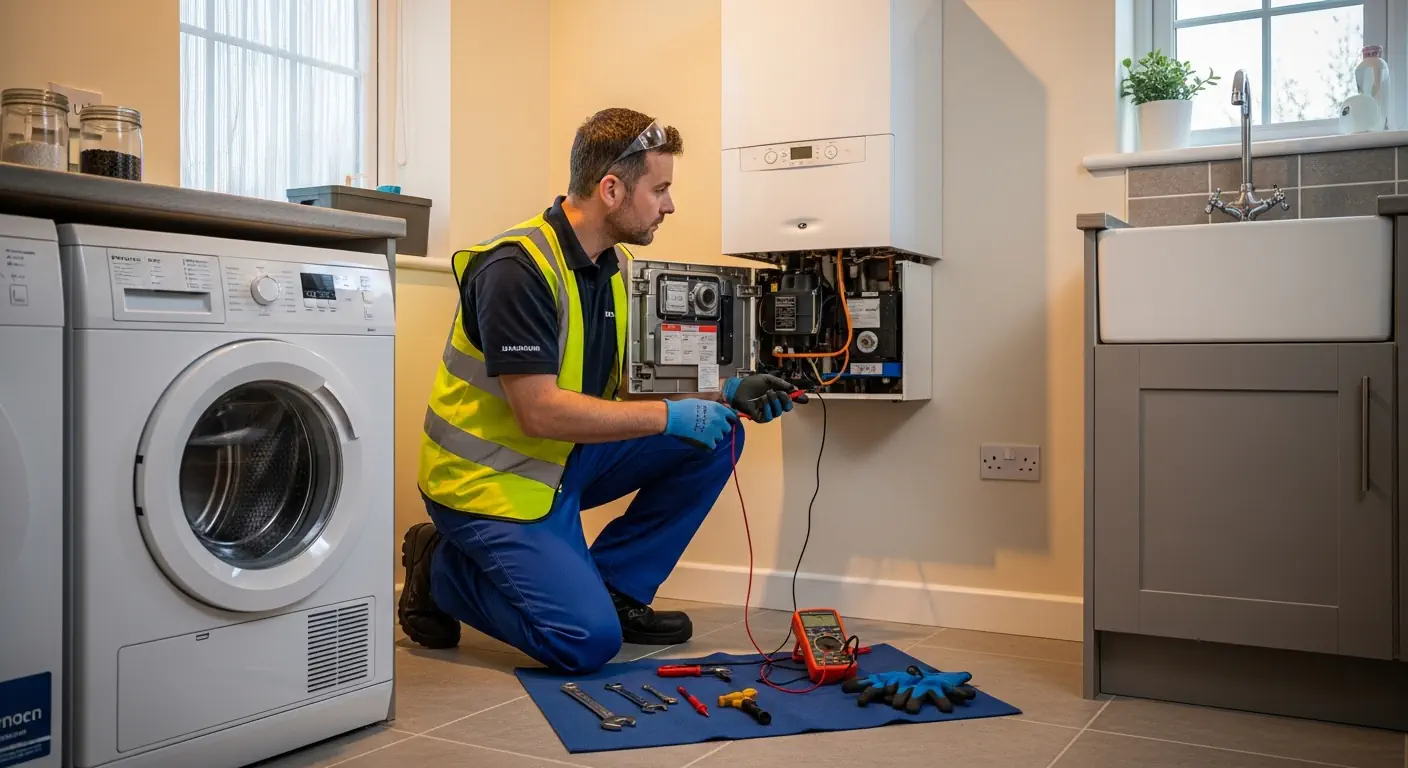 Gas engineer servicing a home boiler safely in a Stoke-on-Trent house