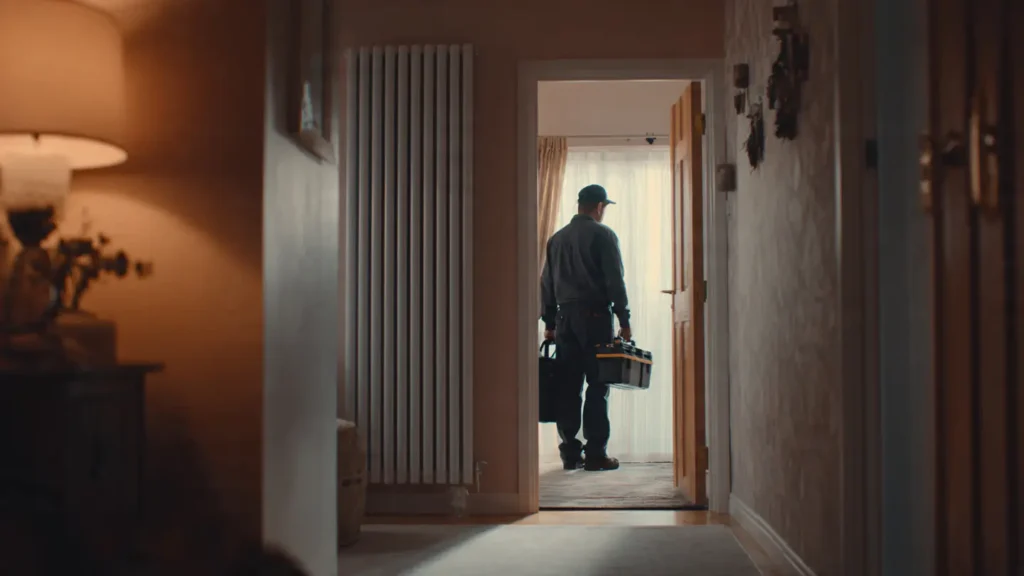 Homeowner and engineer facing broken boiler during winter emergency repair situation in UK home