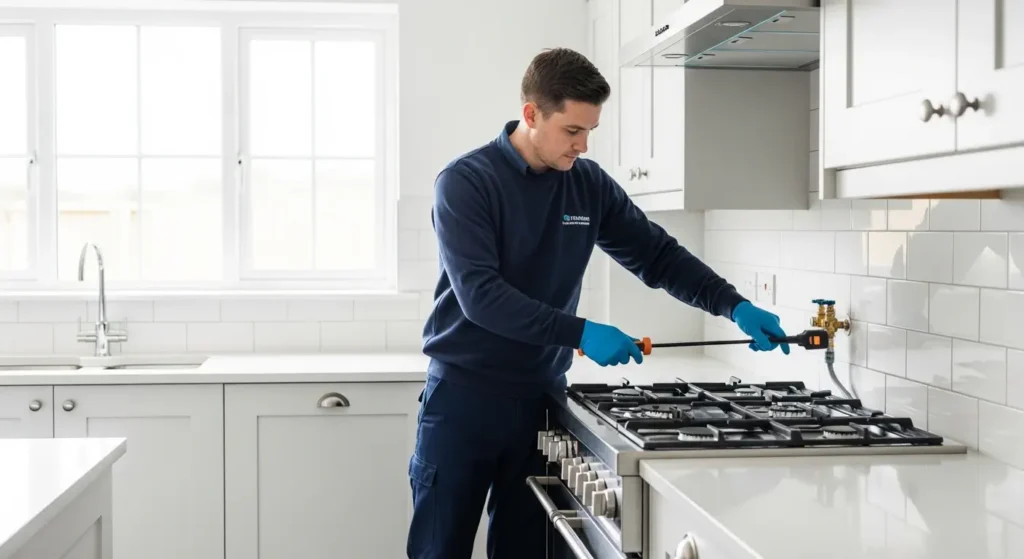 Gas engineer installing a gas cooker safely in a modern kitchen