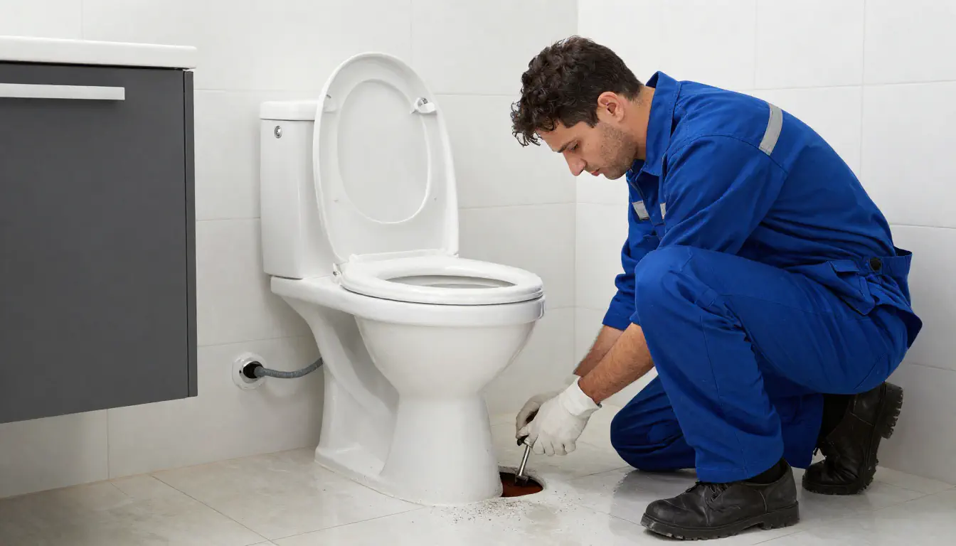 Professional plumber fixing clogged toilet in modern bathroom emergency service UK