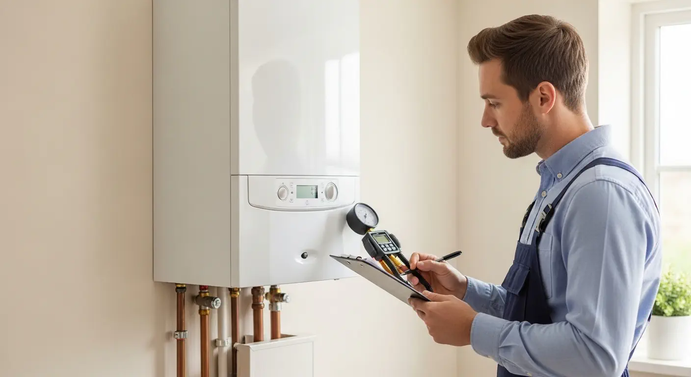 Professional engineer inspecting a home boiler during routine maintenance service in UK kitchen.