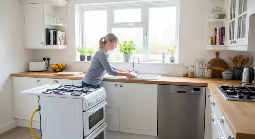 Homeowner clearing kitchen space before gas cooker installation